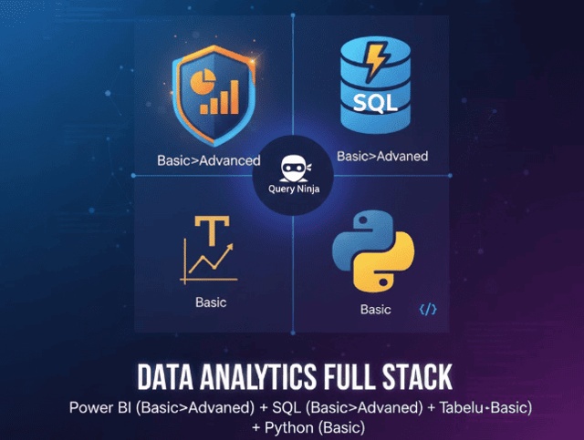 Power BI (Basic→Advanced) + SQL (Basic→Advanced) + Tableau (Basic) + Python (Basic)