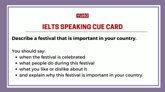 IELTS Speaking Task: Cue Card Question With Sample Answer on Festivals (Part 2 and 3)